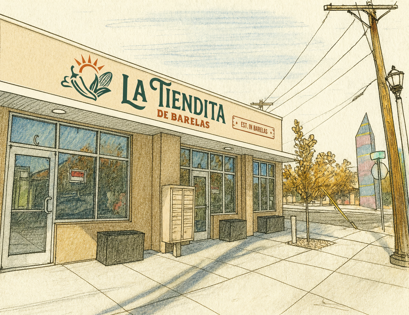 Illustrated La Tiendita storefront mockup in the Barelas neighborhood